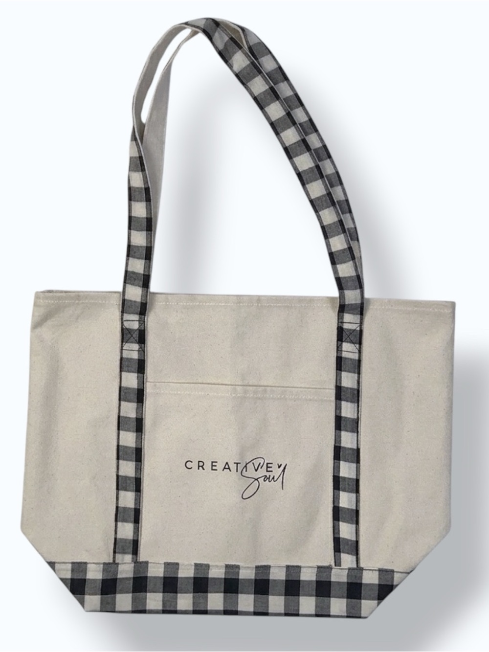 Large Tote Heavyweight Canvas Black White Neutral Tan Gingham Buffalo Plaid